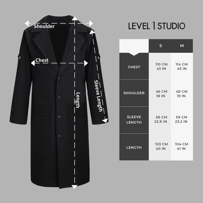 Sizing chart for the LV1 Studio Bleach Resistant Black Lab Unisex Trench Coat