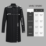 Sizing chart for the bleach resisistant LV1 Studio shirt coat for hairstylists and salon professionals