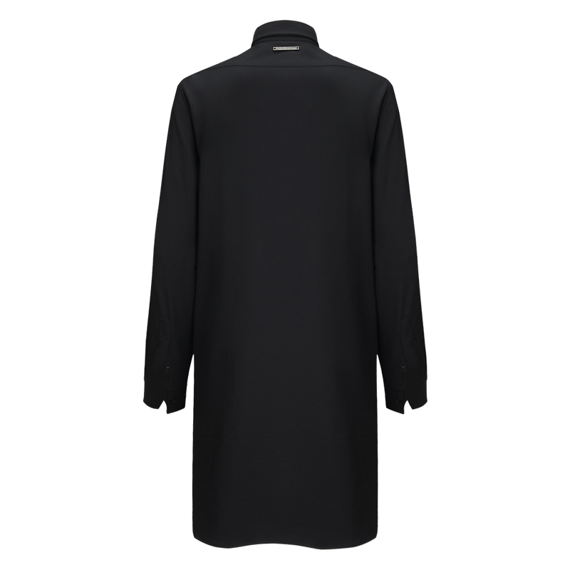 Backwards facing photo of the LV1 Studio Bleach resistant Unisex shirt coat for hairstylists and salon professionals.